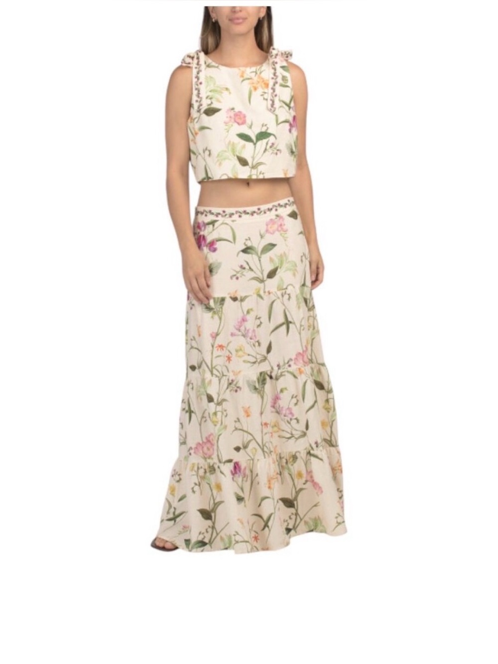 CAMILA COELHO Linen Blend Maxi Repeat Tiered Skirt M